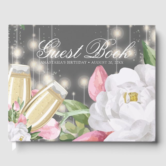 Luxury Grey Champagne Floral Birthday Guest Book (Front)