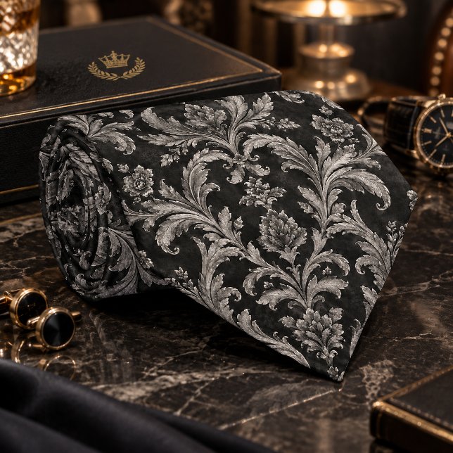 Luxury Grey-on-Black Damask Seamless Pattern Tie (Luxury Gray-on-Black Damask Seamless Pattern Neck Tie)