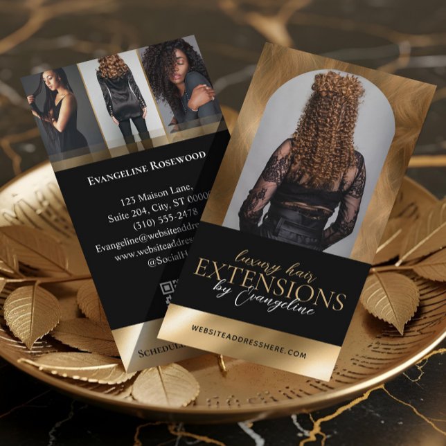Luxury Hair Extensions Salon Arch Photo Black Gold Business Card (Luxury Hair Extensions Salon Arch Photo Black Gold Business Card)
