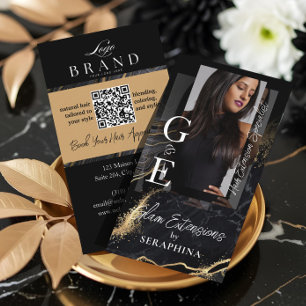 Luxury Hair Stylist & Extensions Black Gold Agate Business Card