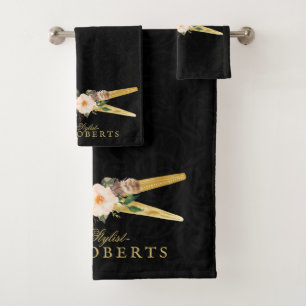Luxury Hair Stylist Gold Scissors black Damask Bath Towel Set