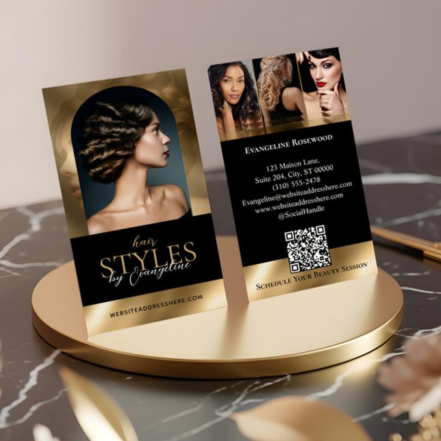 Luxury Hair Stylist Salon Arch Photo Black Gold Business Card (Luxury Hair Stylist Salon Arch Photo Black Gold Business Card)