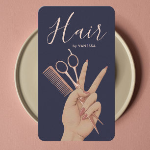 Luxury Hairstylist Hairdresser Navy and Rose Gold Business Card