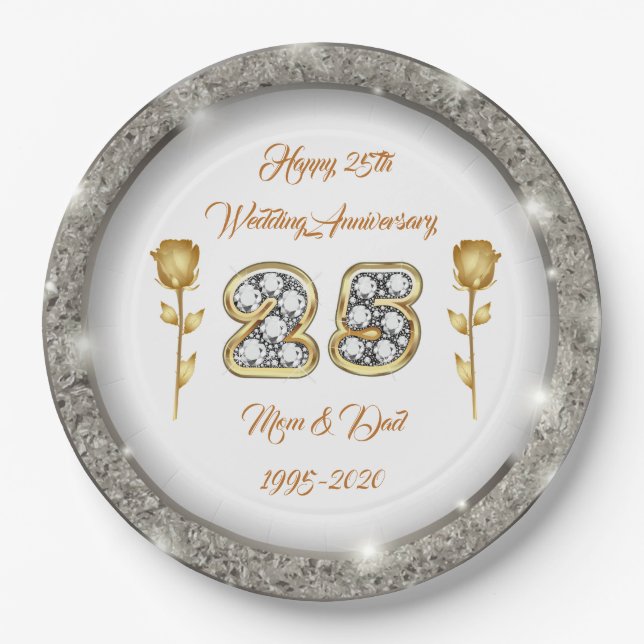 Luxury Happy Customise  Silver 25th Anniversary Paper Plate (Front)