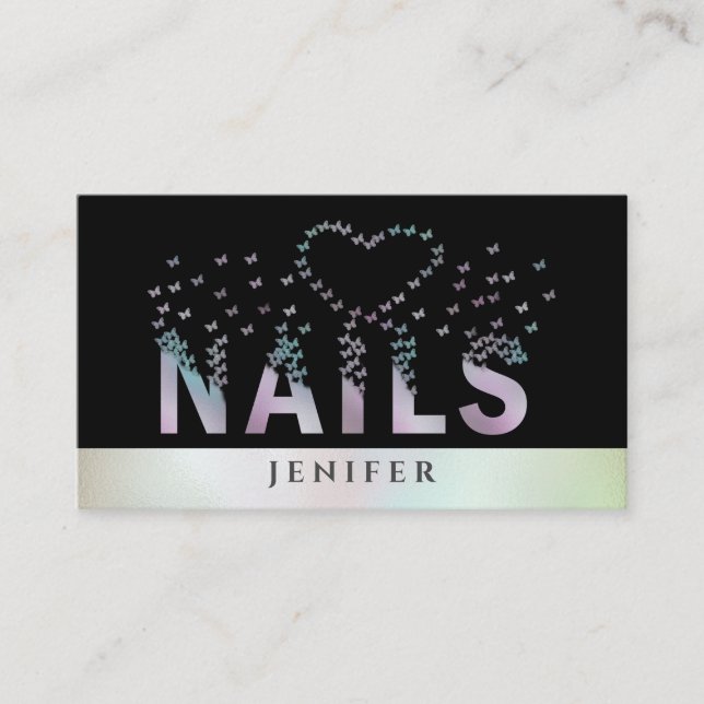 Luxury holographic butterflies nails logo business card (Front)