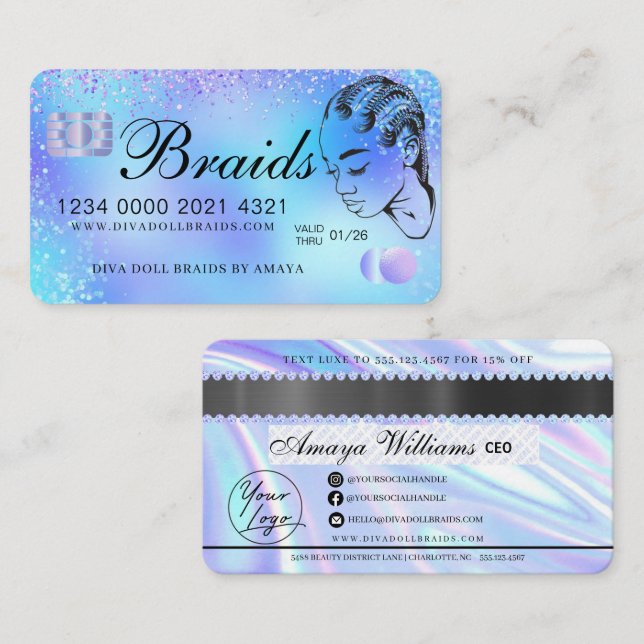 Luxury Holographic Foil Hair Braiding Credit Style Business Card (Front/Back)