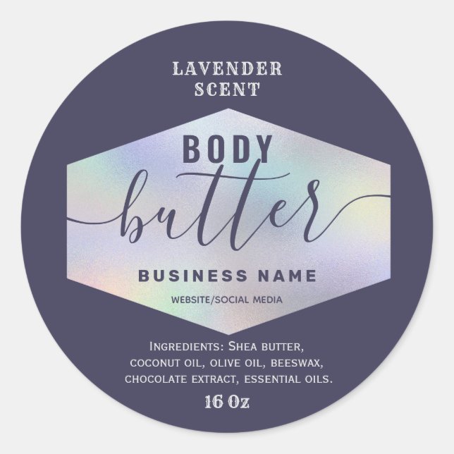 Luxury holographic script body butter label (Front)
