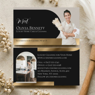 Luxury Home Cleaning Maid Service Photo Black Gold Business Card