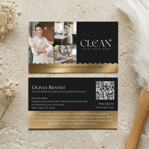 Luxury Home Maid Cleaning Photo QR Code Black Gold Business Card
