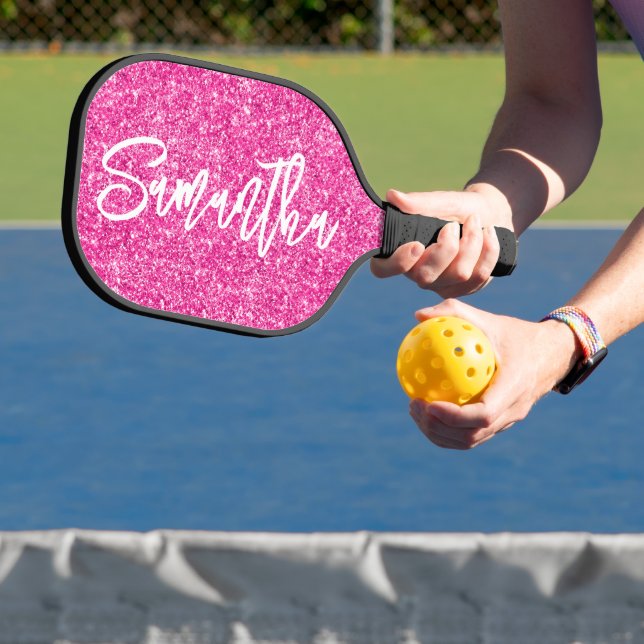 Luxury Hot Pink Glitter Brush Script Pickleball Paddle (Insitu)
