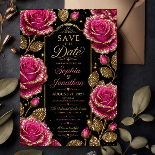 Luxury Hot Pink Glitter Rose Save The Date (Creator Uploaded)