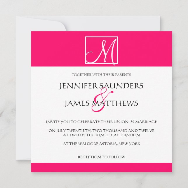 Luxury Hot Pink Monogram Wedding Invitation (Front)