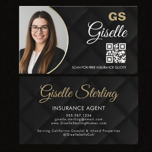Luxury Insurance Agent Black Photo QR Code Business Card