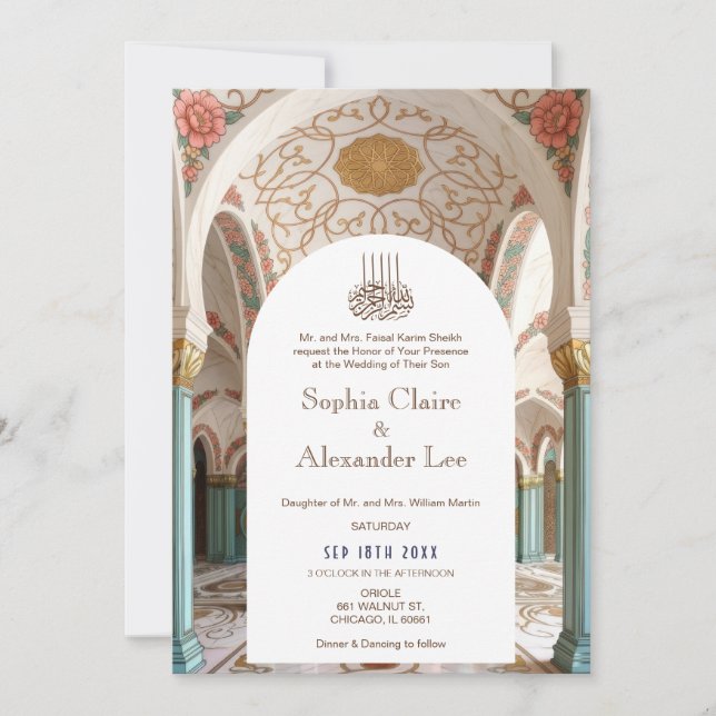 Luxury Islamic Wedding Invitation with Floral Arch (Front)