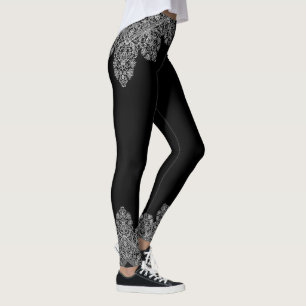 Luxury Italian Lace Pattern White on Black Leggings
