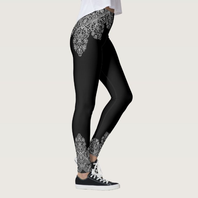 Luxury Italian Lace Pattern White on Black  Leggings (Right)