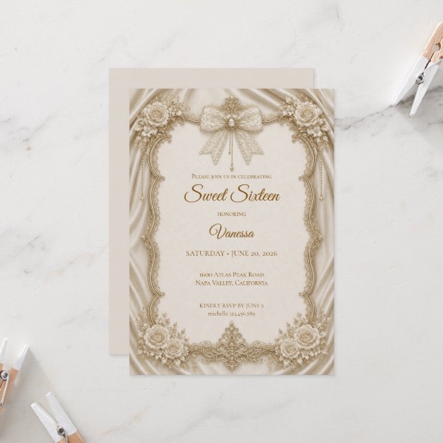 Luxury Ivory Gold Bow Sweet 16 Invitation (Front/Back In Situ)