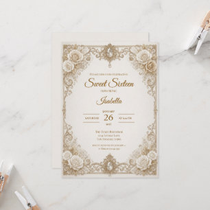 Luxury Ivory Gold Lace Bow Sweet 16 Invitation