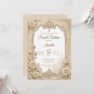 Luxury Ivory Gold Lace Bow Sweet 16 Invitation
