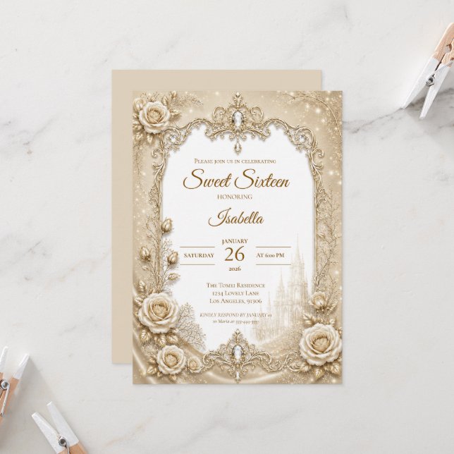 Luxury Ivory Gold Lace Bow Sweet 16 Invitation (Front/Back In Situ)
