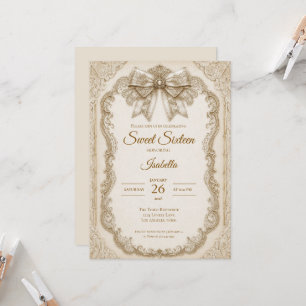 Luxury Ivory Gold Lace Bow Sweet 16 Invitation