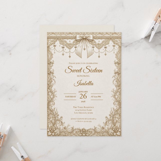Luxury Ivory Gold Lace Bow Sweet 16 Invitation (Front/Back In Situ)