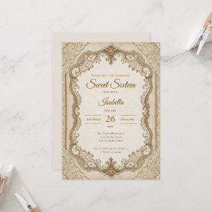 Luxury Ivory Gold Lace Sweet 16 Invitation