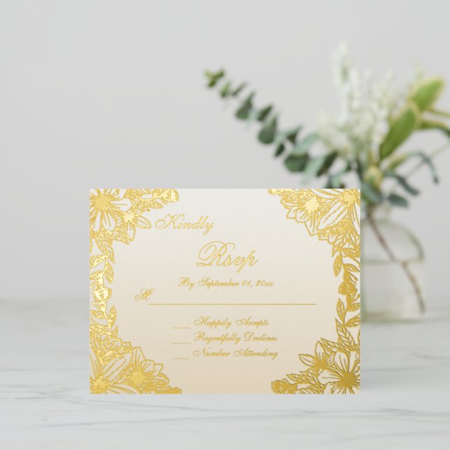 Luxury Ivory Gold Script Wedding RSVP Card (Standing Front)