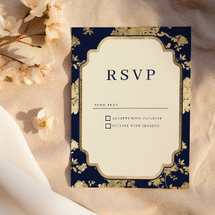 Luxury ivory navy blue gold floral RSVP Invitation