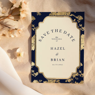 Luxury ivory navy blue gold floral Save the Date  Invitation
