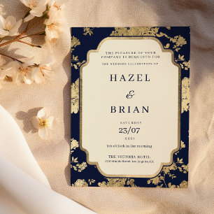 Luxury ivory navy blue gold floral Wedding  Invitation