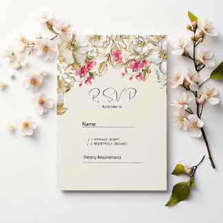 Luxury ivory pink white gold flowers RSVP  Invitation