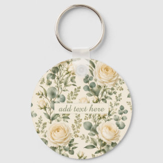 Luxury Ivory Rose & Sage Green Eucalyptus Wedding Key Ring