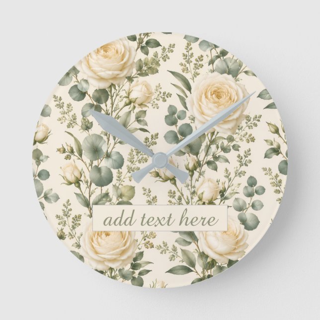 Luxury Ivory Rose & Sage Green Eucalyptus Wedding Round Clock (Front)