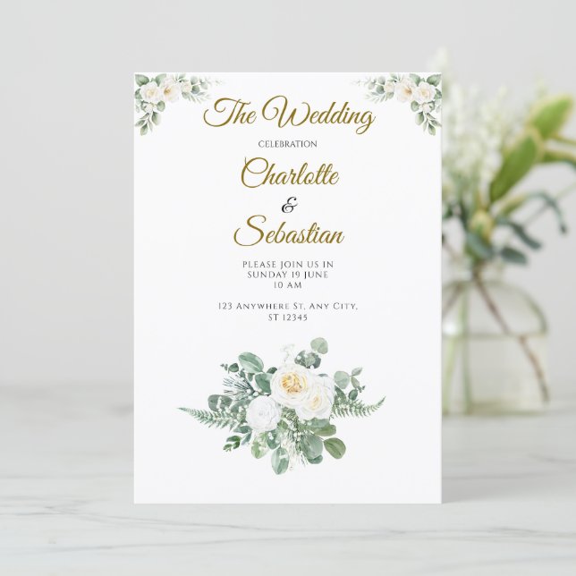 Luxury Ivory Rose Wedding Greenery Gold Invitation (Standing Front)