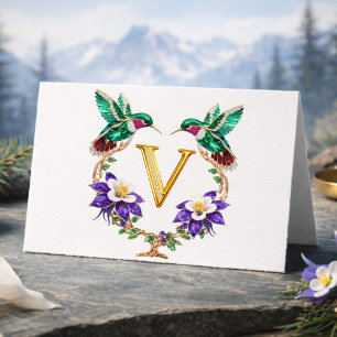 Luxury Jeweled Hummingbird Monogram V Wedding Than Thank You Card