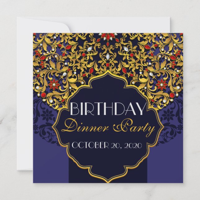 Luxury Jewelled Blue Red Gold Birthday Dinner Invitation (Front)