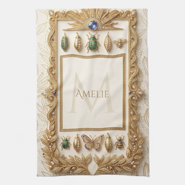 Luxury Jewelled Botanical Frame with Custom Name Tea Towel (Vertical)