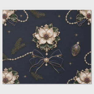 Luxury Jewelled Poinsettia Christmas Navy Wrapping Paper