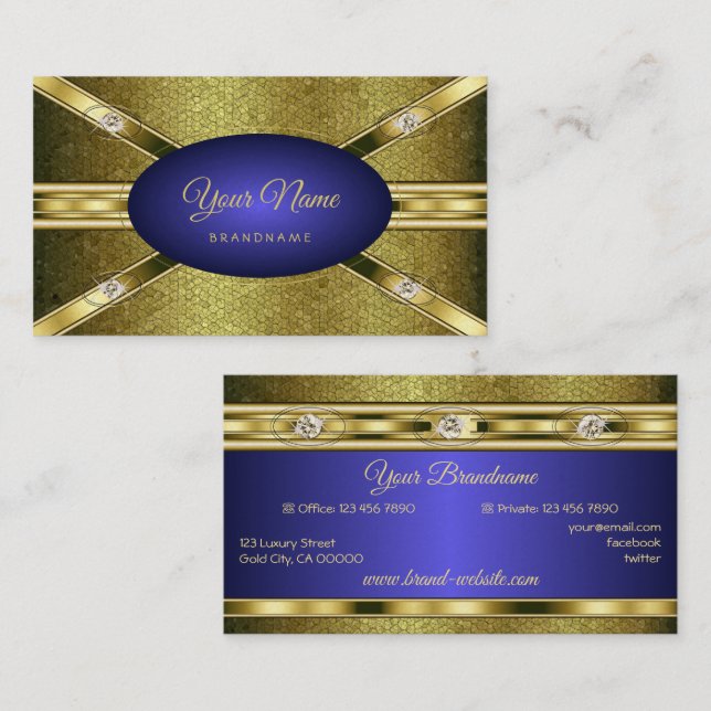 Luxury Jewellery Style Gold Pattern and Blue Colou Business Card (Front/Back)