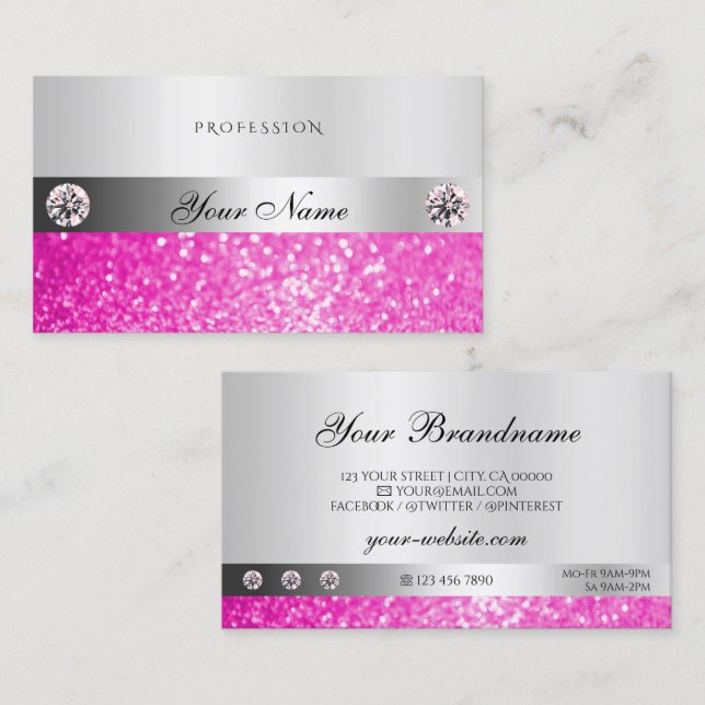 Luxury Jewels Silver Shimmer Pink Glitter Diamonds Business Card (Front/Back)