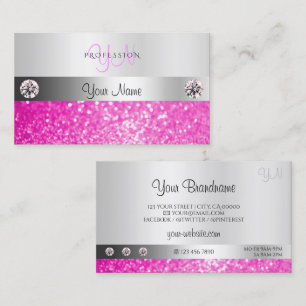 Luxury Jewels Silver Shimmer Pink Glitter Monogram Business Card