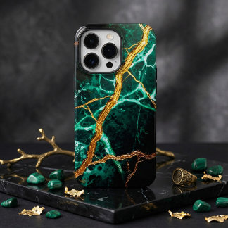 Luxury Kintsugi Emerald Gold Marble Aesthetic iPhone 15 Pro Case