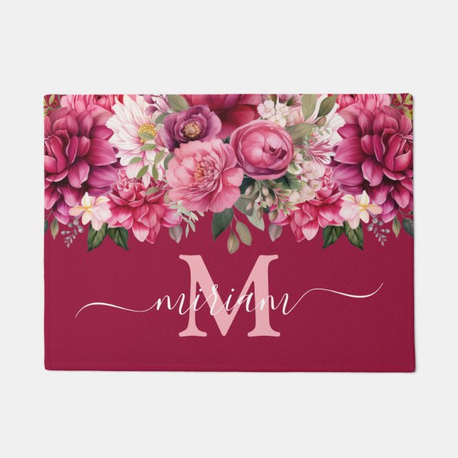 Luxury Kitchen Floor Mat: Bright Pink Flowers Doormat (Front)