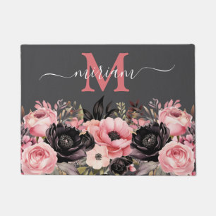 Luxury Kitchen Floor Mat: Pink and Black Flowers Doormat