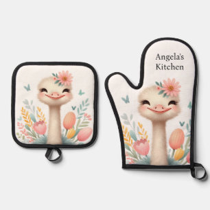 Luxury Kitchen: Ostrich and Flowers Oven Mitt & Pot Holder Set