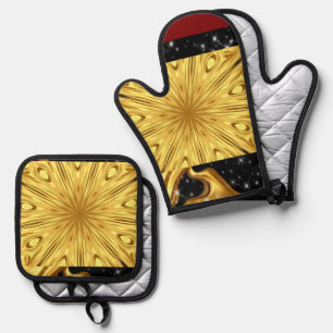 Luxury Kitchen Safety: Gilded Zenith Opulent Swirl Oven Mitt & Pot Holder Set
