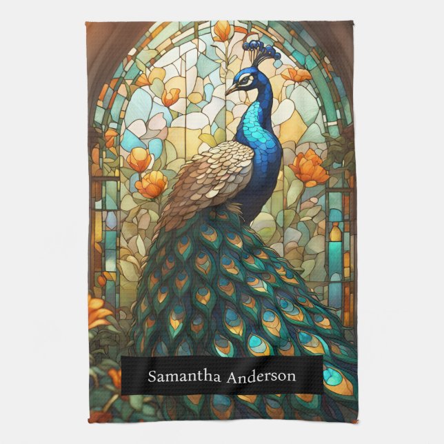 Luxury Kitchen: Stained Glass Peacock Custom Name Tea Towel (Vertical)