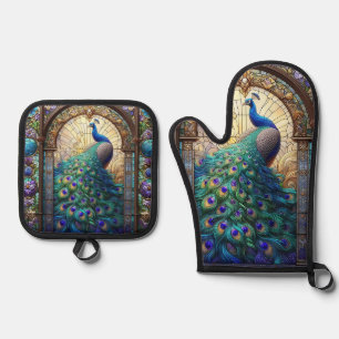Luxury Kitchen: Stained Glass Peacock Oven Mitt & Pot Holder Set