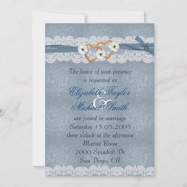 Luxury Lace Blue Ribbon Hearts Wedding Invite (Front)